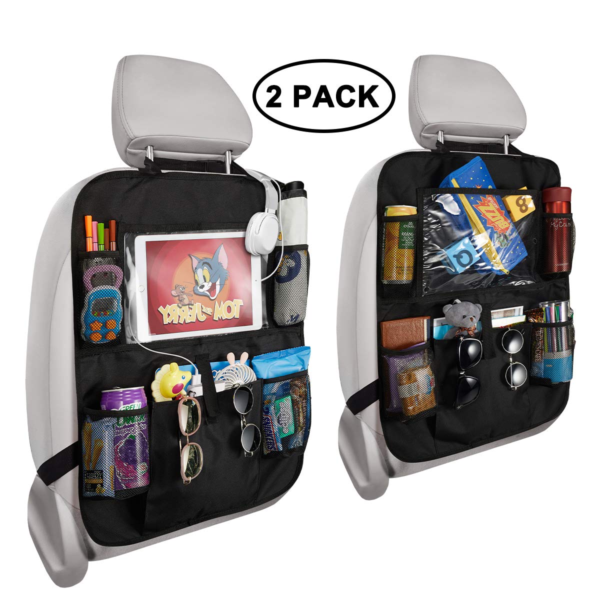BicycleStore Backseat Car Organizer 2 Pack Extended Size Car Seat Protector Oxford Cloth Kids Back Seat Organizers Car Storage Kick Mats with 11 Tablet Holder Tissue Box for Toy Travel Accessories 