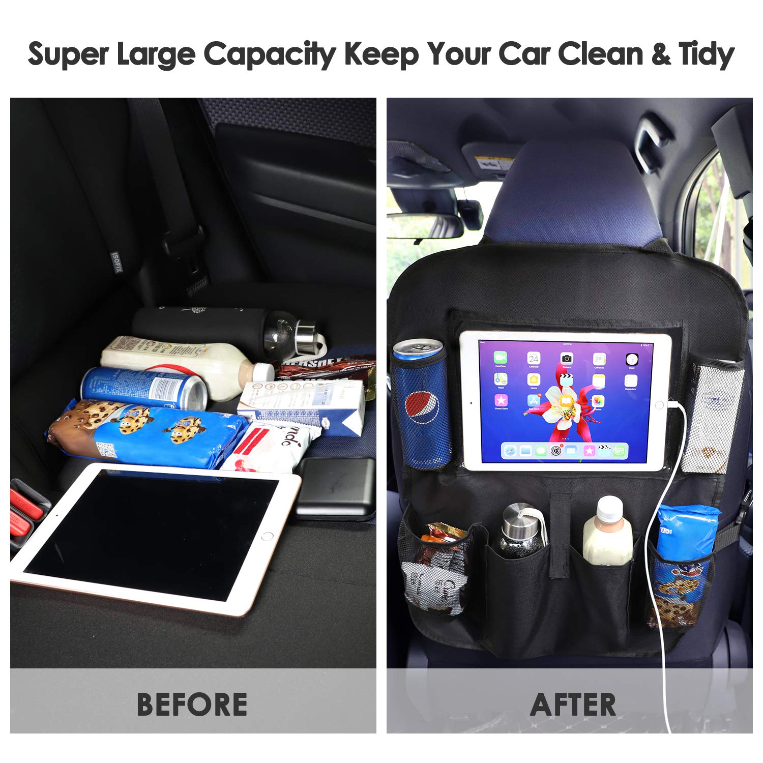 Backseat Car Organizer,matiugod 2 Pack Waterproof and Durable Car Organizer Back seat with Clear Screen 10.5 inch Tablet Holder and 9 Storage Pockets Seat Back Protectors Perfect for Road Trip to Organize Toys Drinks Books Pens 